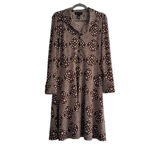 INC Size Medium Y2K Retro Floral Medallion Brown Long Sleeve Chunky Button Dress